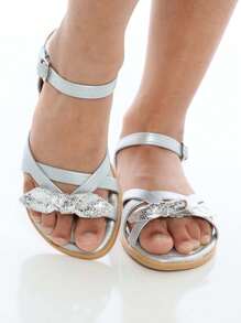 Children's Sandals For Girls, Blogger, Basic Party, Strip, Shiny, Bow - Bạc - Xem 1