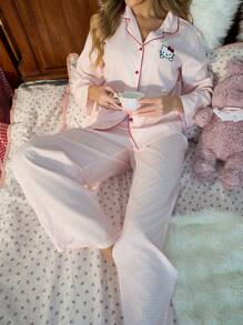 Sanrio Hello Kitty 女士格子印花纽扣长袖睡衣上衣和抽绳长裤两件套可爱睡衣套装，舒适保暖，秋冬服装 - 淺粉色 - 查看 5