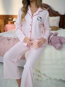 Sanrio Hello Kitty 女士格子印花纽扣长袖睡衣上衣和抽绳长裤两件套可爱睡衣套装，舒适保暖，秋冬服装 - 淺粉色 - 查看 6