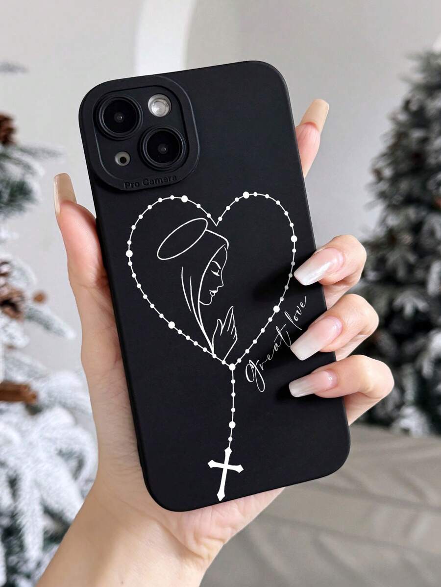 1pc Minimalist Mother Love Cross Graphic Solid Color Black Cat Eye Fully Protective Soft Phone Case, Compatible With Iphone 11/12/13/14/15/16 Pro Max - Multicolor - View 1