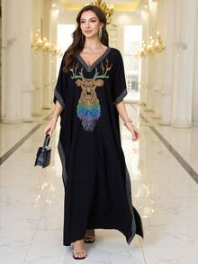 黑色小鹿刺绣阿拉伯连衣裙 V 领女士宽松休闲连衣裙摩洛哥卡夫坦连衣裙 - 黑色 - 查看 8