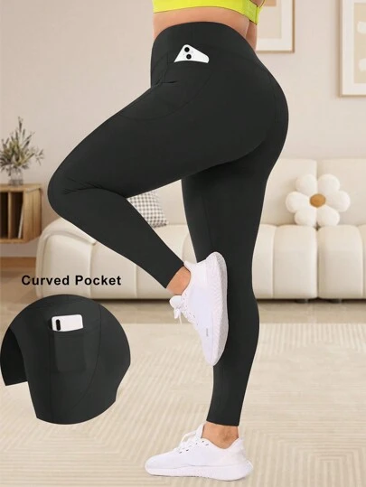 Plus Size Women High Waist Opaque Tummy Control Skinny Leggings With Pockets High Waist Fitness 7/8 Leggings With Pockets, Running Tight Pants