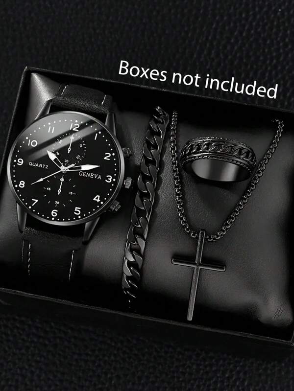 4pcs Children's Casual Quartz Watch Set With Black Dial And Fashion Accessories - Perfect Gift For Father's Day, Valentine's Day, Easter, Birthday And Christmas