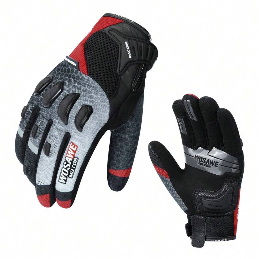 WOSAWE 摩托车手套 防摔透气骑行装备 男女皆宜，4 季 - 紅色 - 查看 1