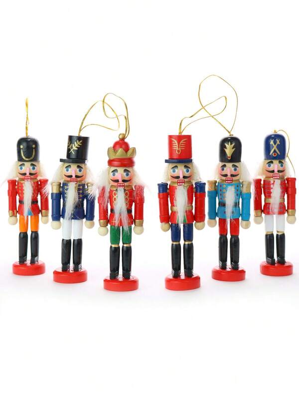 6pcs/Set Wooden Nutcracker Christmas Decorations, Christmas Tree Ornaments, Tabletop Decor, Christmas Party Decoration, Wooden Nutcracker Figurines