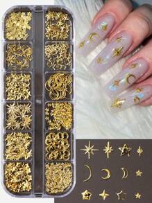 12 Fächer Gold Mond Stern Metallic Nagel Dekoration 3D Y2K Schmuck Strass Stahlkugel Nail Art Dekoration Maniküre Zubehör Diy Nail Gems Nail Zubehör Nägel