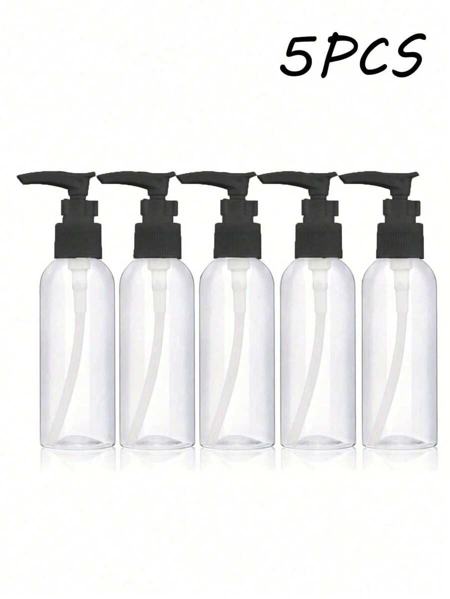 5入 3.4oz 透明圓形肩壓式瓶、乳液分裝瓶、旅行尺寸塑膠空瓶、可重複填充化妝品壓瓶、旅行收納小瓶、防漏擠壓瓶，適用於盥洗用品、洗髮精、乳液、護髮素、旅行尺寸化妝品、居家與旅行，黑色 50ml/100ml，便攜式配件收納