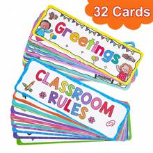 32 件课堂规则和问候早晨英语学习抽认卡学前教育公告板套装用于教室装饰房间墙壁装饰，良好习惯礼貌班级规则，班级组织，儿童行为教育图表，教师辅助，幼儿园，10.43 X 3.42 英寸 - 彩色 - 查看 12