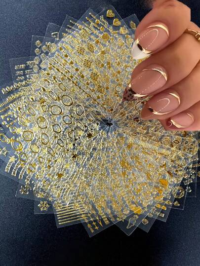 30pcs Gold Nail Stickers - Easy To Apply Star Line Design, Create Elegant Nail Art Decor - Ideal For Women And Girls, Essential DIY Nail Supplies