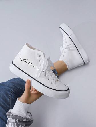 Unisex Simple & Fashionable Flat Faith Letter White High-Top Vulcanized Canvas Shoes For Couples