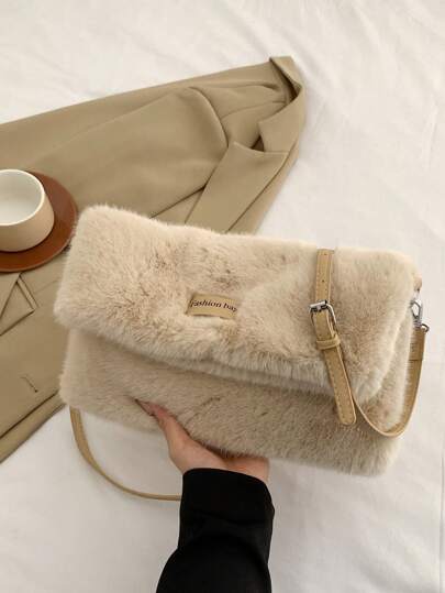 1pc Plush Shoulder Bag, Lightweight Crossbody Bag For Women, Square Fluffy Bag With Magnetic Flap Cover, Fashionable And Versatile For Daily Outings, New Arrival Fur Purse