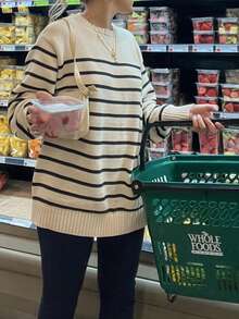 女式 Y2K 时尚图案撞色条纹宽松圆领落肩长袖休闲套头衫针织毛衣，秋冬 - 彩色 - 查看 6