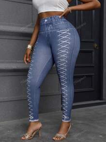 Plus Size Jeggings Printed Drawstring Pattern Fashion Casual Stretchy Leggings Pants For Women, Long