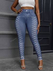Plus Size Jeggings Printed Drawstring Pattern Fashion Casual Stretchy Leggings Pants For Women, Long