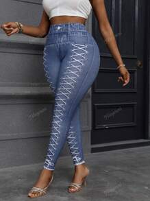 Plus Size Jeggings Printed Drawstring Pattern Fashion Casual Stretchy Leggings Pants For Women, Long