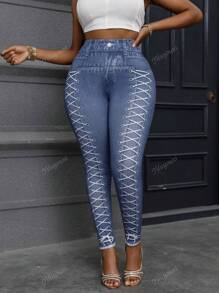 Plus Size Jeggings Printed Drawstring Pattern Fashion Casual Stretchy Leggings Pants For Women, Long