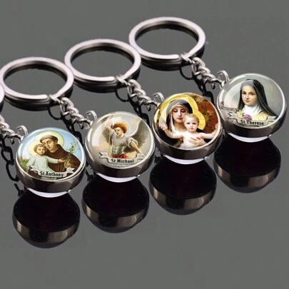 1pc Christian Keyring St Anthony Michael Francis Therese Glass Ball Keychain Good Lucky Jewelry St. Patrick's Day Gift