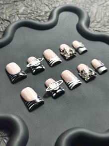 10 cái/bộ đầu móng tay mỏ vịt phong cách Y2K thủ công, màu bạc, nhúng đen, nhúng trắng với viền kiểu Pháp, giọt nước 3D, ngôi sao, hình giọt nước đen bạc cổ điển 3D nhân tạo hình vuông ngắn màu đen mờ nhuộm họa tiết cá sấu trang trí móng tay kiểu Pháp. Thích hợp cho phụ nữ và trẻ em gái đeo khi dự tiệc, khiêu vũ, cuộc sống hàng ngày. Bao gồm dụng cụ làm móng. Có thể làm quà tặng. - màu đen - Xem 4