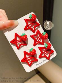 5 piezas Pasadores de cabello de 3 cm con estrella roja y fresa, estilo Y2K, accesorios de cabello minimalistas con estrella para uso diario, escuela y exterior - Sin cartón - Rojo - Ver 2
