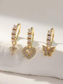 3pcs/Set Copper Zirconia Crystal Heart, Cross, Butterfly Nose Ring Jewelry Set, Suitable For Women As Christmas, Halloween, Valentine's Day, Birthday Gift Or Daily Wear Valentines,Mom,Mother,Mother's Day,Gift - Yellow Gold - View 1