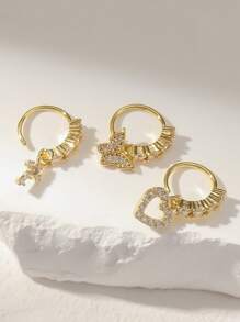 3pcs/Set Copper Zirconia Crystal Heart, Cross, Butterfly Nose Ring Jewelry Set, Suitable For Women As Christmas, Halloween, Valentine's Day, Birthday Gift Or Daily Wear Valentines,Mom,Mother,Mother's Day,Gift - Yellow Gold - View 2