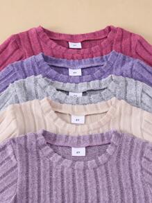 10 Stücke/Set Kleine Mädchen Lässig weiche und bequeme gestrickte Stoff Set aus einfarbigem Ripp-Top mit Rundhalsausschnitt und Langarm und ausgestellten Hosen, für Herbst/Winter - Verschiedenfarbig - Übersicht 3
