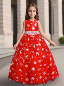 女孩公主长裙薄纱网眼泡泡袖舞会礼服，圣诞服装，红色，四季皆宜 - 紅色 - 查看 2