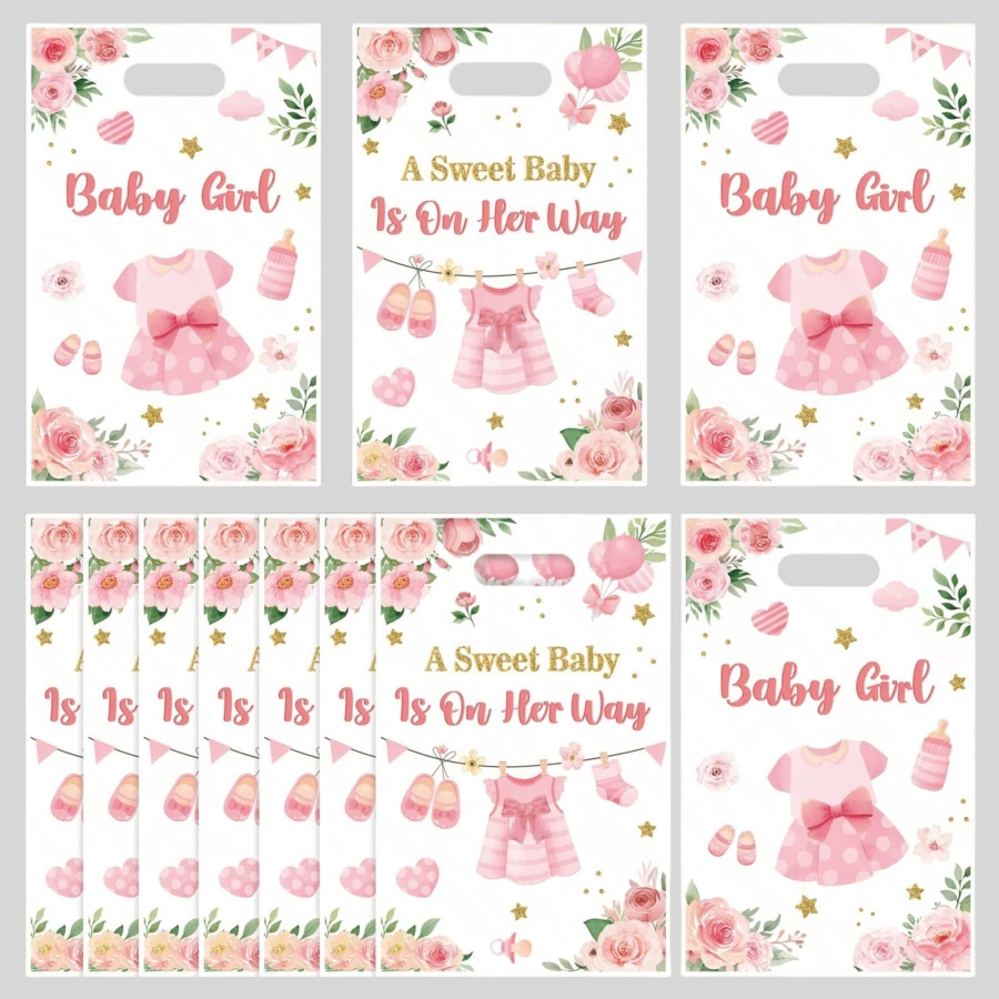10/20/50/100 件粉色性别揭示礼品袋，配有蝴蝶结连衣裙、花卉、袜子、鞋子、奶瓶印花，适用于礼物、节日、生日派对礼品袋、零食袋、装饰袋 - 多色 - 查看 1