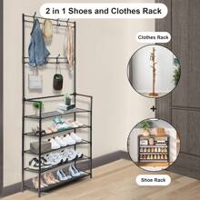 OYAJIA 1pcs Clothes Rack, Hallway Tree With Shoe Storage, 5 Tier Shoe Rack & Organizer, 8 Hooks,  Easy Assembly, Suitable For Living Room, Entryway, Bedroom, Home Office, Gift - Black - View 3