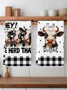 2pcs Cow Farm Kitchen Towel Set - Ultra-Soft Microfiber, Absorbent & Decorative Dish Cloths For Cooking, Baking, Housewarming Gifts - Machine Washable - White - View 1