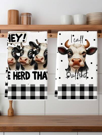 2pcs Cow Farm Kitchen Towel Set - Ultra-Soft Microfiber, Absorbent & Decorative Dish Cloths For Cooking, Baking, Housewarming Gifts - Machine Washable