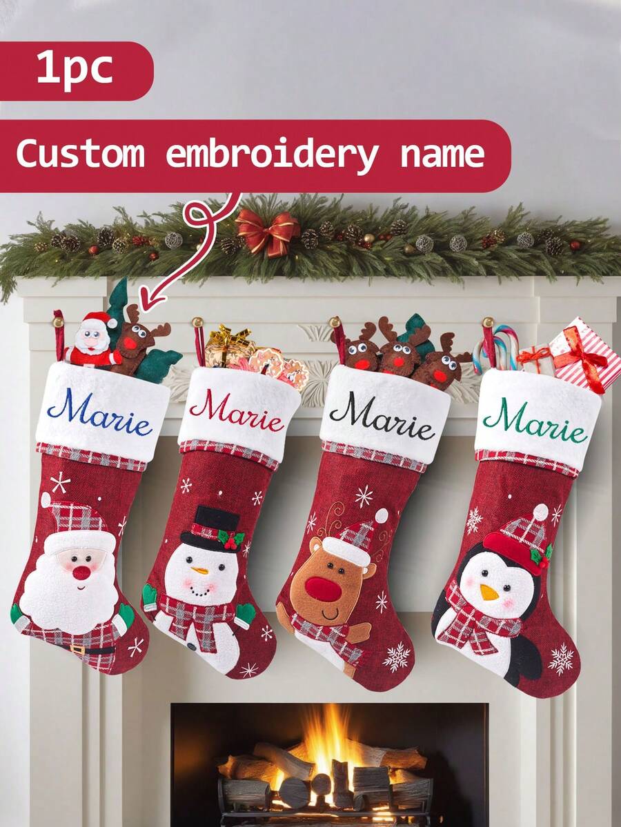 Custom Embroidered Name Christmas Stocking, Personalized Name Decor, Customized Holiday Stocking, Customizable Gift For Family, And Pets, Buffalo Plaid, Matching Family - Style 1 - View 1