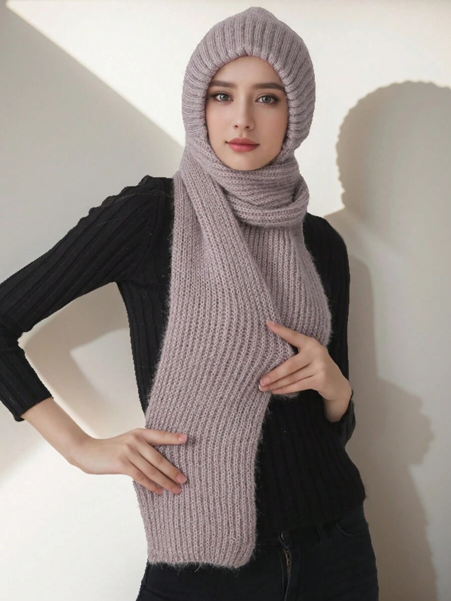 1 Bộ khăn choàng ấm áp lót polyester màu trơn thường ngày dành cho nữ, mùa thu và đông - Nhiều màu - Xem 1