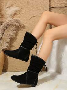 2025 New Women's Fashion Boots, Black Faux Deer Suede Ruched Slouch Boots, Zipper & Metal Buckle Design Round Toe Flat Boots, Outdoor Versatile Elegant & Comfortable - Black - View 4