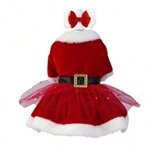 Festive Velvet Santa Pet Costume Set With Bow Headband, Pullover Dog And Cat Christmas Outfit In Red, Polyester Woven Fabric Dress With Mesh Skirt, Fashionable Holiday Party Apparel For Small Breeds
