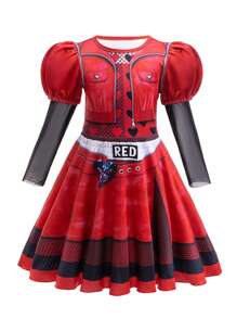 Vestido de disfraz de niña de manga larga y cuello redondo en color rojo, adecuado para juegos de rol, fiestas y actuaciones