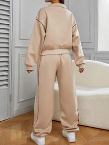 Women's Letter Print Thermal Lined Casual Sweatshirt And Sweatpants 2 Pieces Set, Autumn/Winter - Beige - View 2