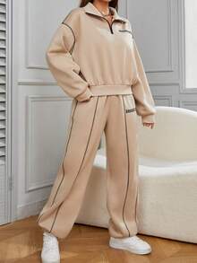 Women's Letter Print Thermal Lined Casual Sweatshirt And Sweatpants 2 Pieces Set, Autumn/Winter - Beige - View 4