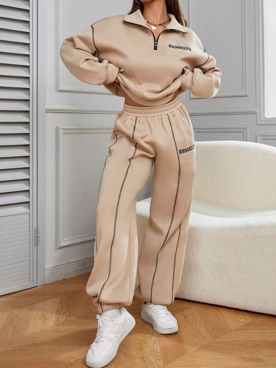 Women's Letter Print Thermal Lined Casual Sweatshirt And Sweatpants 2 Pieces Set, Autumn/Winter - Beige - View 1