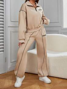 Women's Letter Print Thermal Lined Casual Sweatshirt And Sweatpants 2 Pieces Set, Autumn/Winter - Beige - View 6