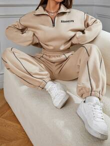 Women's Letter Print Thermal Lined Casual Sweatshirt And Sweatpants 2 Pieces Set, Autumn/Winter - Beige - View 5