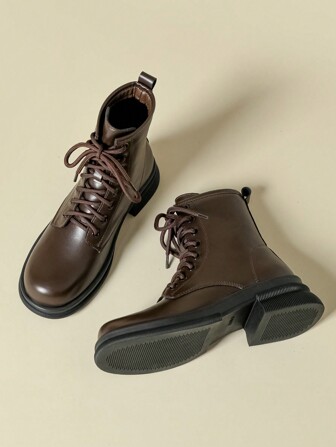 8-Eyelet Boots, Thick Sole Casual Women Shoes, Vintage Brown Color, Chunky Heel Short Mid-Calf Lace Up Motorcycle Boots, Spring Autumn Winter