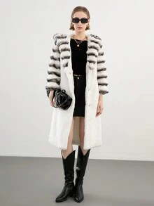 Women's Striped Fluffy Warm Coat, Black And White Contrast Color Outerwear - Beige - View 3