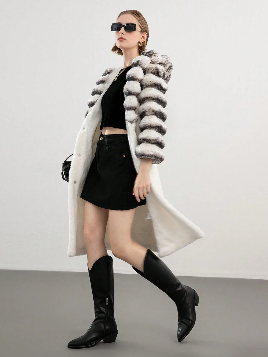 Women's Striped Fluffy Warm Coat, Black And White Contrast Color Outerwear - Beige - View 1