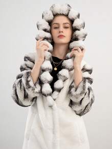 Women's Striped Fluffy Warm Coat, Black And White Contrast Color Outerwear - Beige - View 2