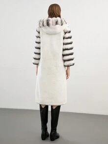 Women's Striped Fluffy Warm Coat, Black And White Contrast Color Outerwear - Beige - View 7