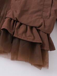 Girls Cute Jacket, Spring/Autumn Long Sleeve Fashion Retro Hoodie, Children's Lightweight Windbreaker With Mesh Patchwork - Brown - View 6