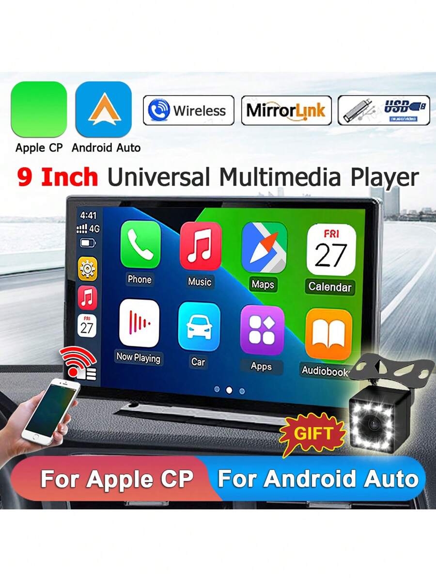 Đài phát thanh ô tô 9 inch, Apple CarPlay & Android Auto không dây, Máy nghe nhạc dẫn đường GPS di động đa năng, Gọi rảnh tay, MirrorLink, Màn hình cảm ứng IPS 2.5D Full HD 1080P, Bộ thu âm thanh HiFi FM trên ô tô, Đài phát thanh tự động, Bao gồm Camera lùi quan sát phía sau xe