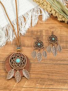 TopHanqi Bộ trang sức thời trang nữ 3 món: Hoa tai + Dây chuyền, Hoa tai tua rua Boho, Dây chuyền mặt dây chuyền hai lớp có chi tiết Dream Catcher và đá quý ở giữa, Dùng để đeo hàng ngày, hẹn hò, làm quà tặng, phù hợp với mọi trang phục - màu cà phê - Xem 4
