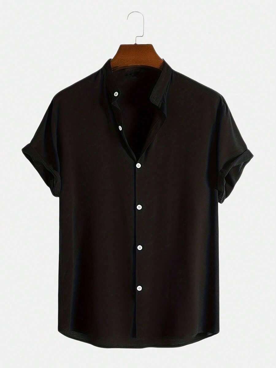 Men's Short Sleeve Linen Dress Shirt With Priest Collar - Summer Shirt - Cool Shirt - Beachwear - màu đen - Xem 1